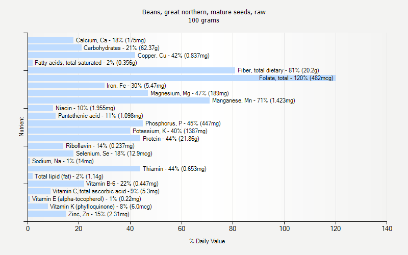 % Daily Value for Beans, great northern, mature seeds, raw 100 grams 