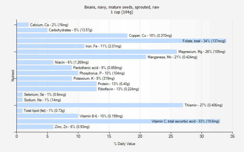 % Daily Value for Beans, navy, mature seeds, sprouted, raw 1 cup (104g)