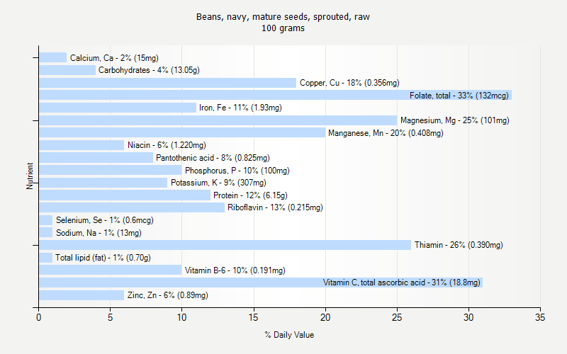 % Daily Value for Beans, navy, mature seeds, sprouted, raw 100 grams 