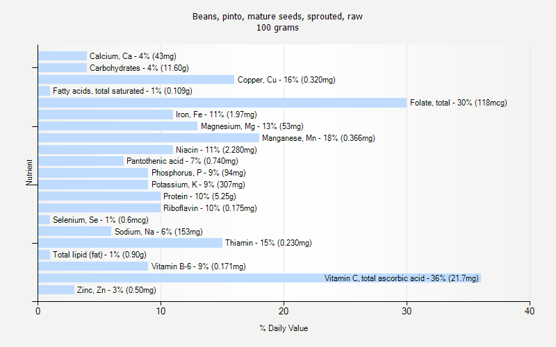 % Daily Value for Beans, pinto, mature seeds, sprouted, raw 100 grams 