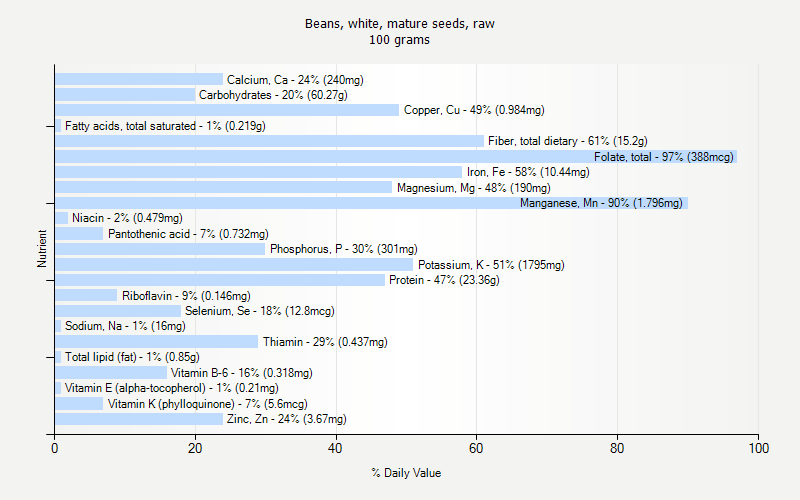 % Daily Value for Beans, white, mature seeds, raw 100 grams 