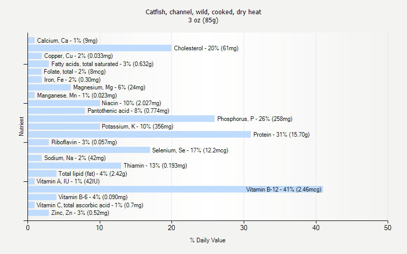 % Daily Value for Catfish, channel, wild, cooked, dry heat 3 oz (85g)