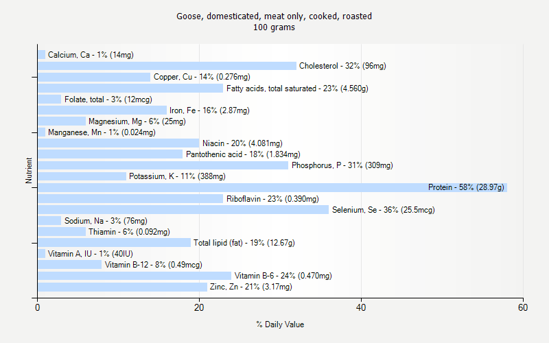 % Daily Value for Goose, domesticated, meat only, cooked, roasted 100 grams 