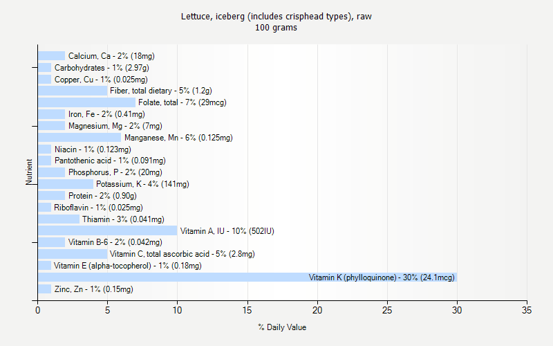 % Daily Value for Lettuce, iceberg (includes crisphead types), raw 100 grams 