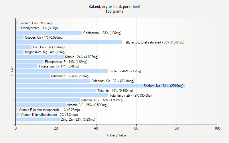 % Daily Value for Salami, dry or hard, pork, beef 100 grams 