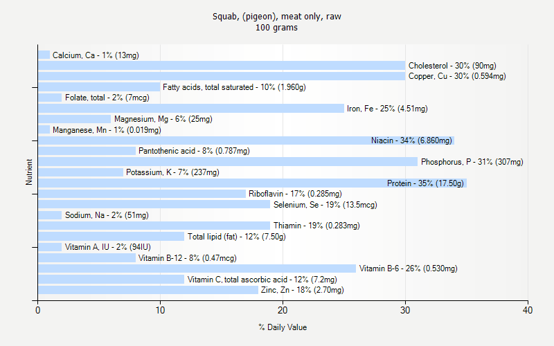 % Daily Value for Squab, (pigeon), meat only, raw 100 grams 